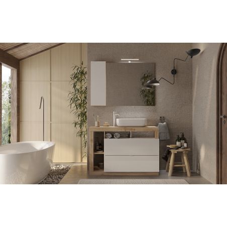 Miroir 110 cm BURGA avec colonne en blanc brillant et décor chene cadiz