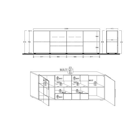 Buffet 2 portes - 4 tiroirs CARO CHENE 241 cm