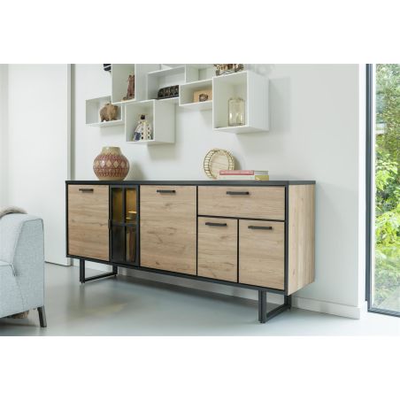 Avalon, buffet 200 cm. - 4-portes + 1-tiroir + 1-porte en verre (+ LED) - Henders&Hazel