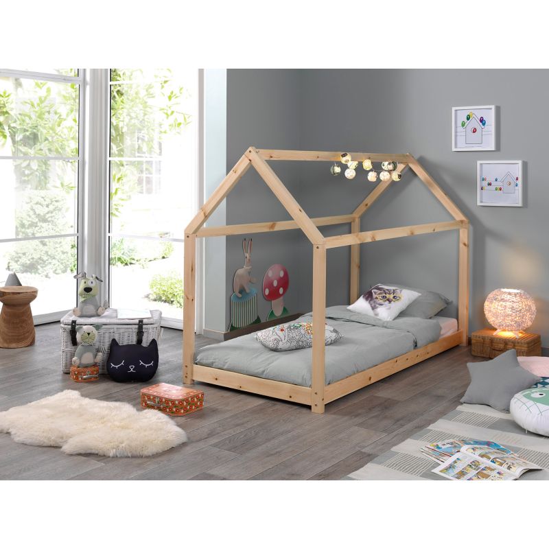 Lit cabane 90x200 cm Coby en pin massif coloris naturel ou blanc