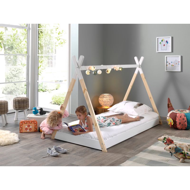 Lit cabane 90x200 cm TIPI en pin massif coloris naturel et blanc