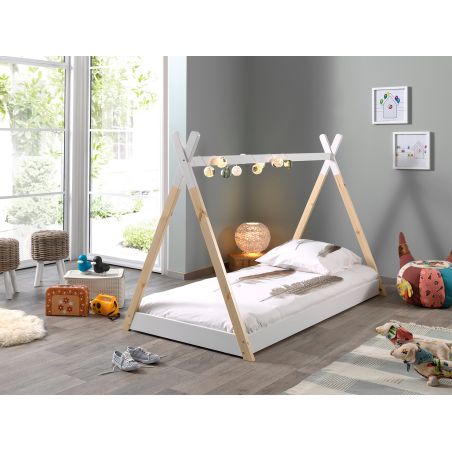 Lit cabane 90x200 cm TIPI en pin massif coloris naturel et blanc