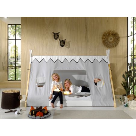 Lit cabane 90x200 cm TIPI en pin massif coloris naturel et blanc