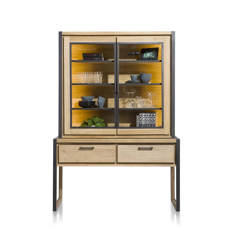 Metalo, vaisselier 140 cm - 2-portes en verre (+ LED) + 2-tiroirs - Henders&Hazel