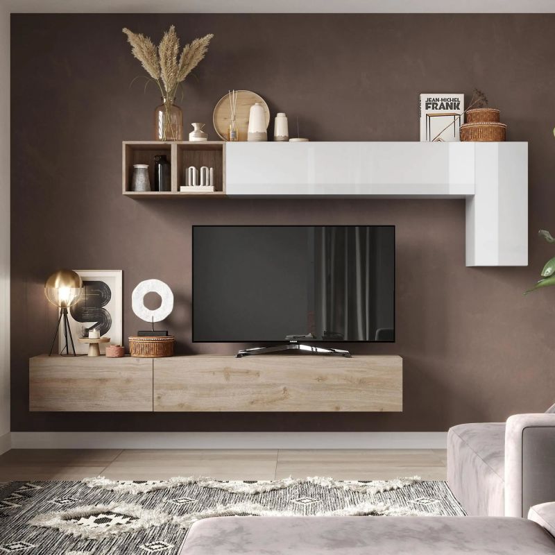 Ensemble meuble TV FOREVER 2 - compo 41 - décor chene cadiz et blanc brillant