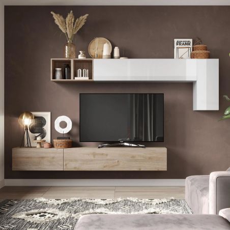 Ensemble meuble TV FOREVER 2 - compo 41 - décor chene cadiz et blanc brillant
