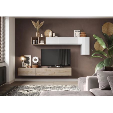 Ensemble meuble TV FOREVER 2 - compo 41 - décor chene cadiz et blanc brillant
