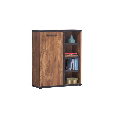 Commode REMY avec 1 porte et 4 niches en décor acacia et béton noir