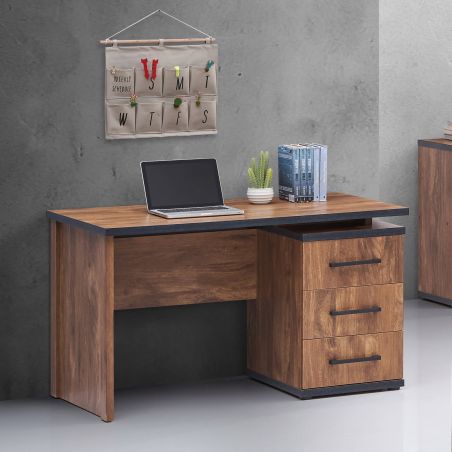 Bureau enfant REMY avec 3 tiroirs en décor acacia et béton noir