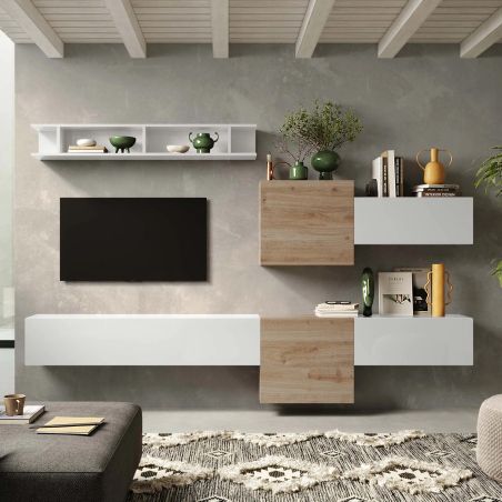 Ensemble meuble TV FOREVER 2 - compo 22 - coloris blanc brillant et décor chêne cadiz