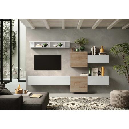 Ensemble meuble TV FOREVER 2 - compo 22 - coloris blanc brillant et décor chêne cadiz