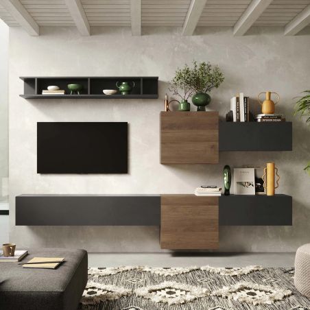 Ensemble meuble TV FOREVER 2 - compo 22 - coloris blanc brillant et décor chêne cadiz