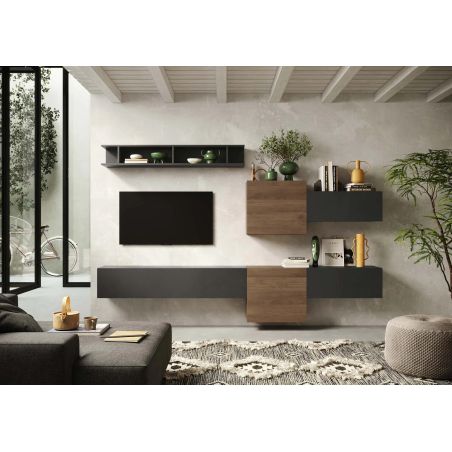 Ensemble meuble TV FOREVER 2 - compo 22 - coloris blanc brillant et décor chêne cadiz