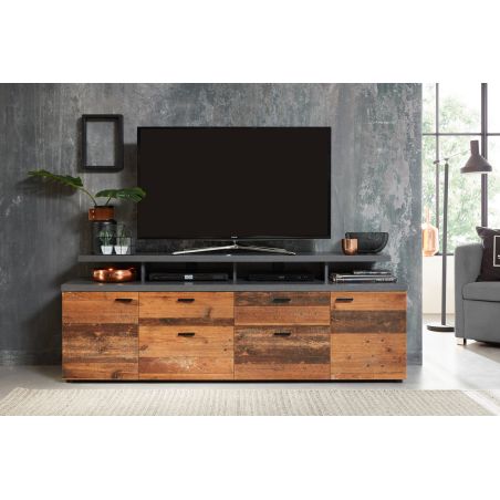Meuble TV 203 cm ADRIEN en coloris gris clair et chêne artisan