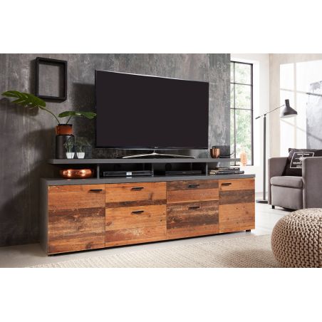 Meuble TV 203 cm ADRIEN en coloris gris clair et chêne artisan
