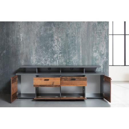 Meuble TV 203 cm ADRIEN en coloris gris clair et chêne artisan