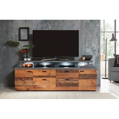 Meuble TV 203 cm ADRIEN en coloris gris clair et chêne artisan