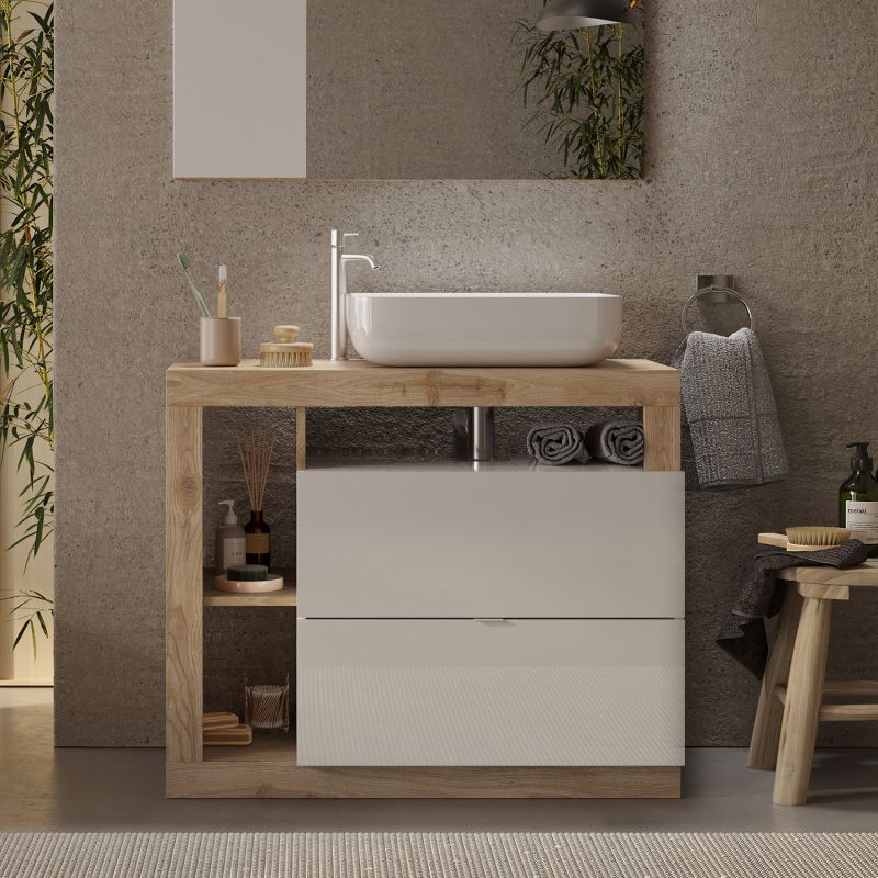Meuble vasque BURGA 92 cm en blanc brillant et décor chene cadiz