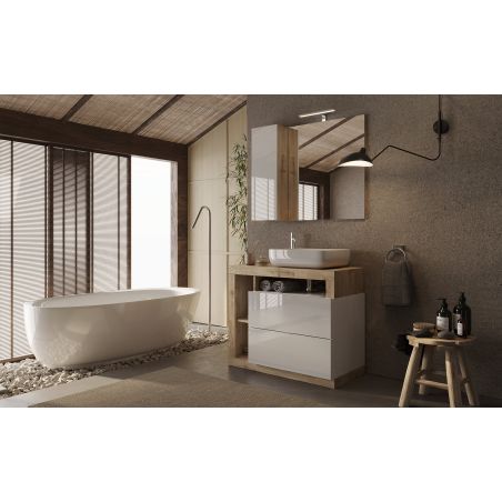 Miroir 92 cm BURGA avec colonne en blanc brillant et décor chene cadiz