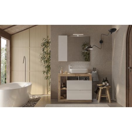 Miroir 92 cm BURGA avec colonne en blanc brillant et décor chene cadiz