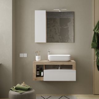 Meuble suspendu avec vasque BURGA 92 cm en blanc brillant et décor chene cadiz