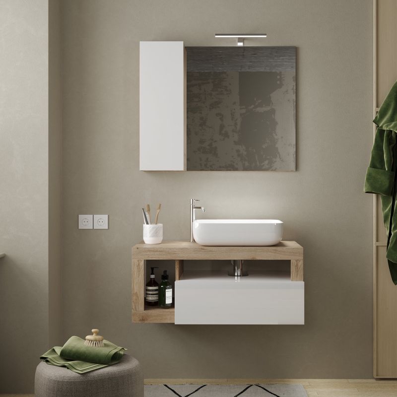 Meuble suspendu avec vasque BURGA 92 cm en blanc brillant et décor chene cadiz