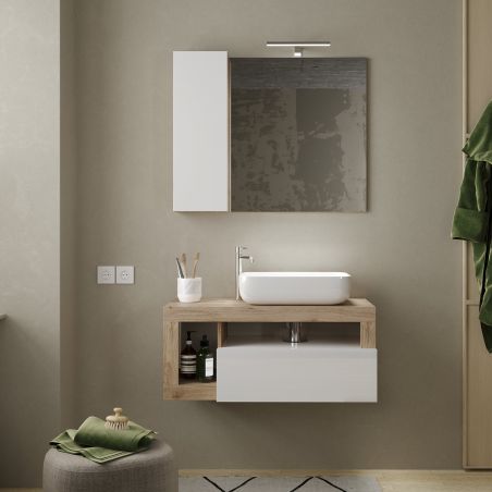 Meuble suspendu avec vasque BURGA 92 cm en blanc brillant et décor chene cadiz