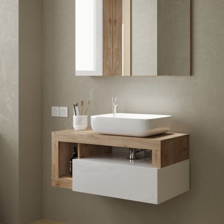 Meuble suspendu avec vasque BURGA 92 cm en blanc brillant et décor chene cadiz
