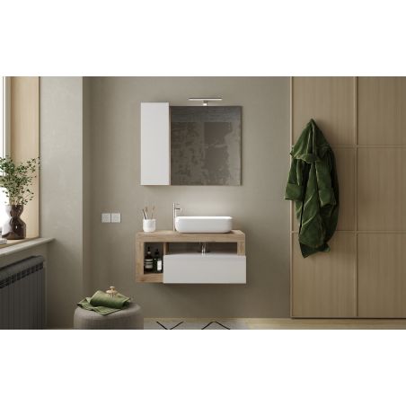 Meuble suspendu avec vasque BURGA 92 cm en blanc brillant et décor chene cadiz