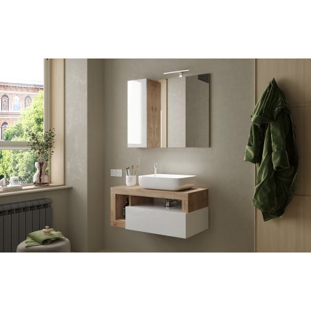 Meuble suspendu avec vasque BURGA 92 cm en blanc brillant et décor chene cadiz