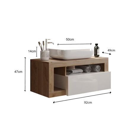 Meuble suspendu avec vasque BURGA 92 cm en blanc brillant et décor chene cadiz