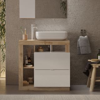 Meuble vasque BURGA 78 cm en blanc brillant et décor chene cadiz