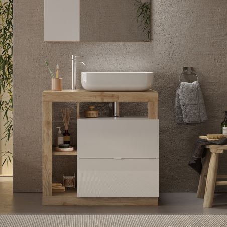 Meuble vasque BURGA 78 cm en blanc brillant et décor chene cadiz