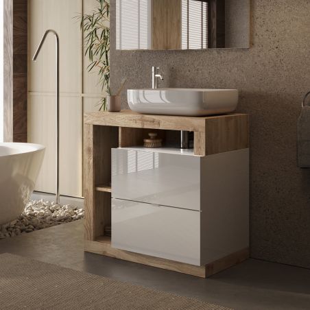Meuble vasque BURGA 78 cm en blanc brillant et décor chene cadiz