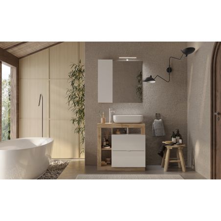 Meuble vasque BURGA 78 cm en blanc brillant et décor chene cadiz