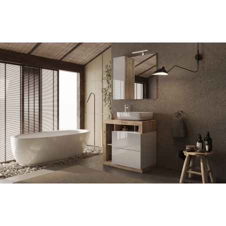 Meuble vasque BURGA 78 cm en blanc brillant et décor chene cadiz