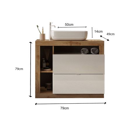 Meuble vasque BURGA 78 cm en blanc brillant et décor chene cadiz