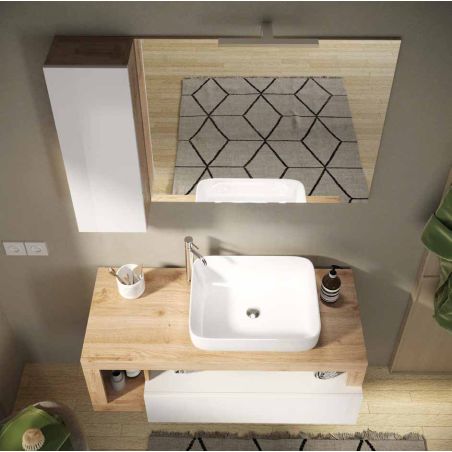 Miroir 78 cm BURGA avec colonne en blanc brillant et décor chene cadiz