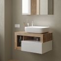 Meuble suspendu avec vasque BURGA 78 cm en blanc brillant et décor chene cadiz