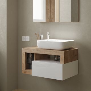 Meuble suspendu avec vasque BURGA 78 cm en blanc brillant et décor chene cadiz