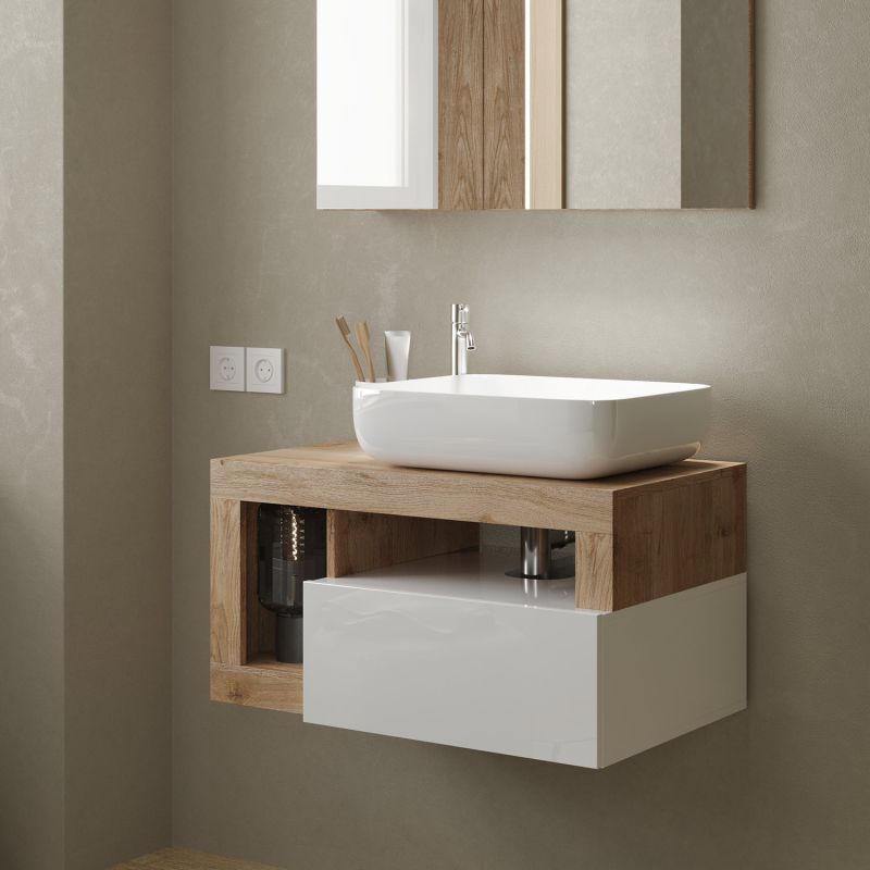 Meuble suspendu avec vasque BURGA 78 cm en blanc brillant et décor chene cadiz