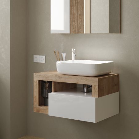 Meuble suspendu avec vasque BURGA 78 cm en blanc brillant et décor chene cadiz