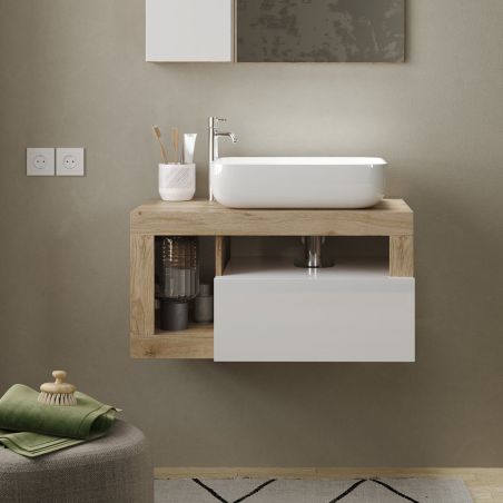 Meuble suspendu avec vasque BURGA 78 cm en blanc brillant et décor chene cadiz