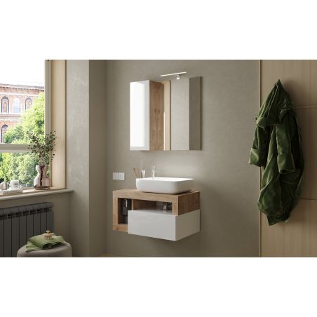 Meuble suspendu avec vasque BURGA 78 cm en blanc brillant et décor chene cadiz