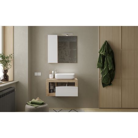 Meuble suspendu avec vasque BURGA 78 cm en blanc brillant et décor chene cadiz