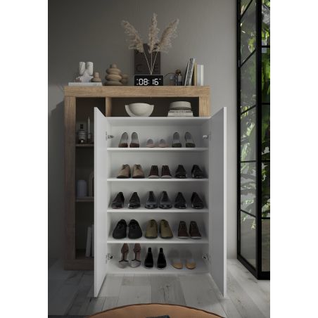 Armoire a chaussures BURGA en blanc brillant et décor chêne cadiz