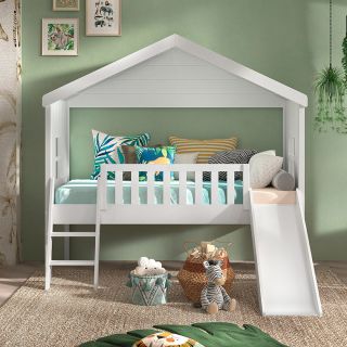 Lit cabane 90x200 cm NEMO en pin massif coloris blanc avec tiroir lit