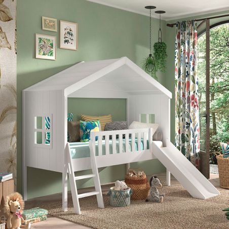 Lit cabane 90x200 cm NEMO en pin massif coloris blanc avec tiroir lit