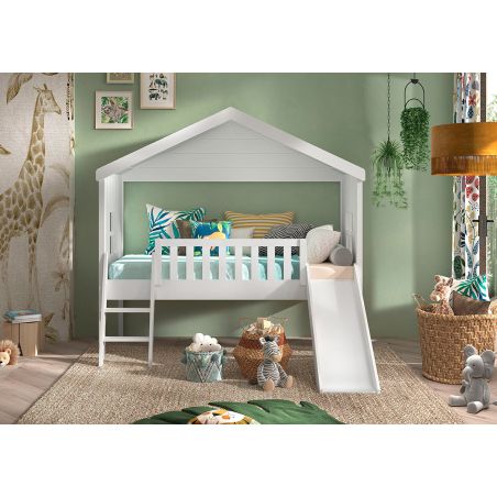Lit cabane 90x200 cm NEMO en pin massif coloris blanc avec tiroir lit