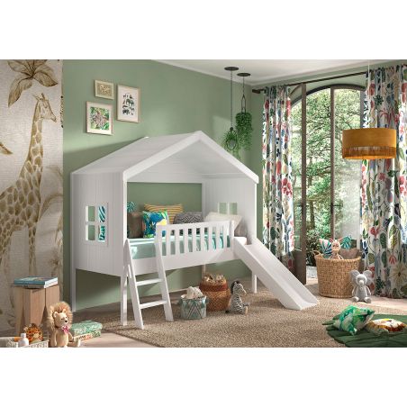 Lit cabane 90x200 cm NEMO en pin massif coloris blanc avec tiroir lit